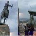 Tumban estatua de AMLO en Atlacomulco durante celebración de Año Nuevo