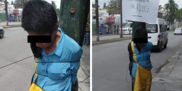 Vecinos de Cuernavaca amarran a un poste a presunta ladrona y la exhiben como “rata”